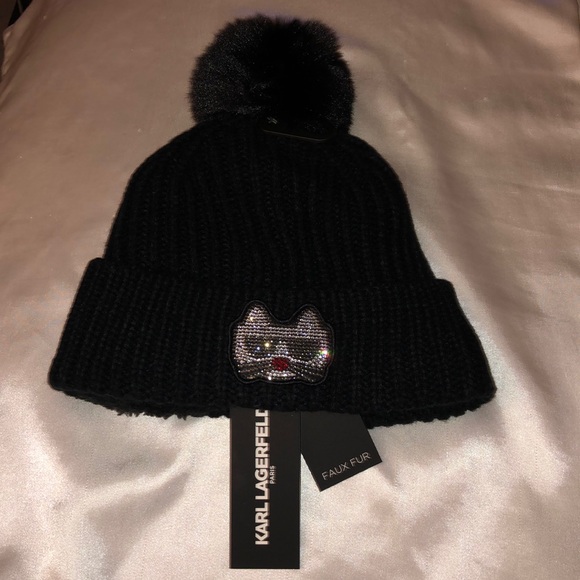Karl Lagerfeld Paris Black Ribbed Beanie Choupette Patch Faux Fur Pom Pom OS NWT - Picture 5 of 16
